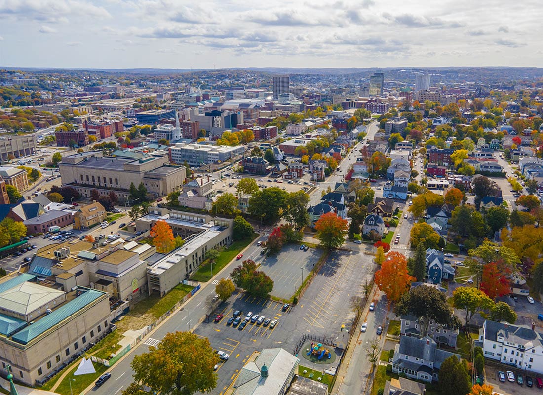 Worcester, MA - Aerial View of Historic Downtown Worcester With Fall Foliage in City of Worcester, Massachusetts MA